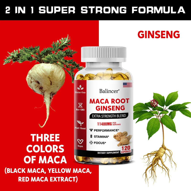 BioOrganic Maca Root + Ginseng Extract Capsules – Stamina, Mood, and Energy Supplement