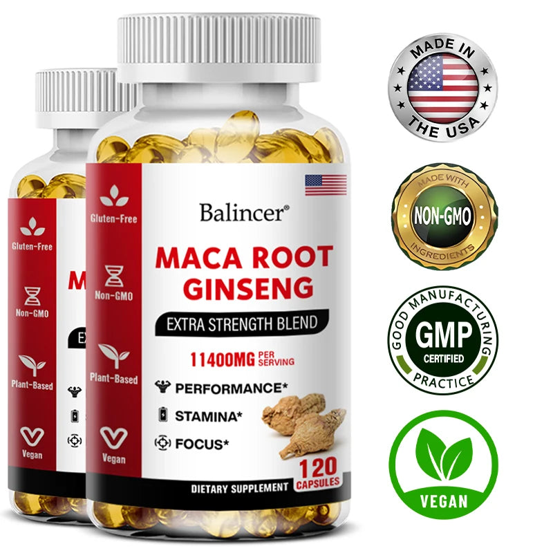 BioOrganic Maca Root + Ginseng Extract Capsules – Stamina, Mood, and Energy Supplement